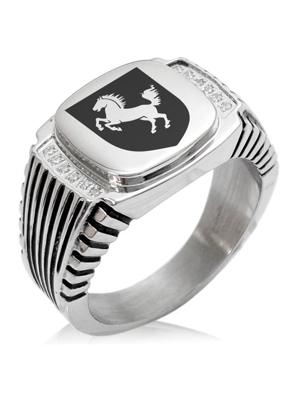 Stainless Steel Horse Battle Coat of Arms Shield CZ Ribbed Needle Stripe Pattern Biker Style Polished Ring