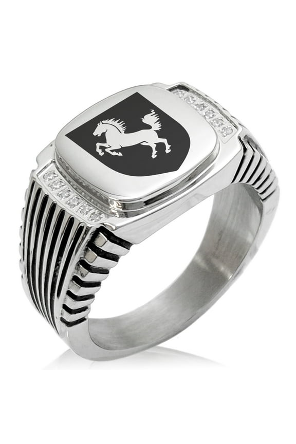 Stainless Steel Horse Battle Coat of Arms Shield CZ Ribbed Needle Stripe Pattern Biker Style Polished Ring
