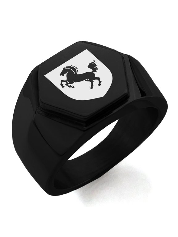 Stainless Steel Horse Battle Coat of Arms Shield Engraved Hexagon Crest Flat Top Biker Style Polished Ring