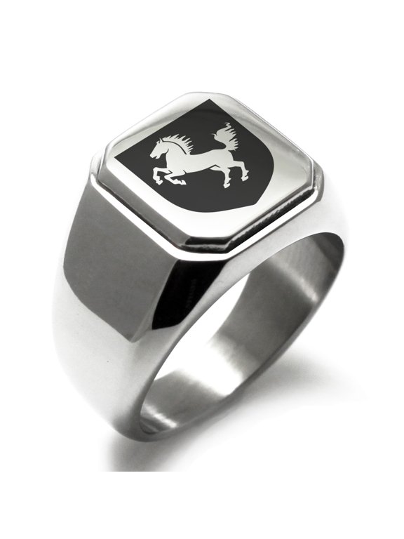 Stainless Steel Horse Battle Coat of Arms Shield Engraved Square Flat Top Biker Style Polished Signet Ring