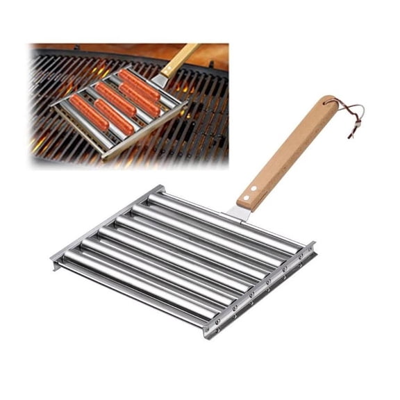 Stainless Steel Hot Dog Roller BBQ Hot Dor Grill Roller with Wooden Handle