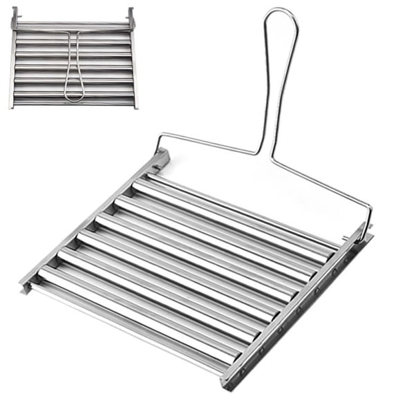 Stainless Steel Hot Dog Roller Grill Rack with Hardwood Handle, BBQ Sausage Roasting Rack, Cooks Up To 5 Hot Dogs Evenly, Non-Stick, Easy to Use, Fits Most Grills