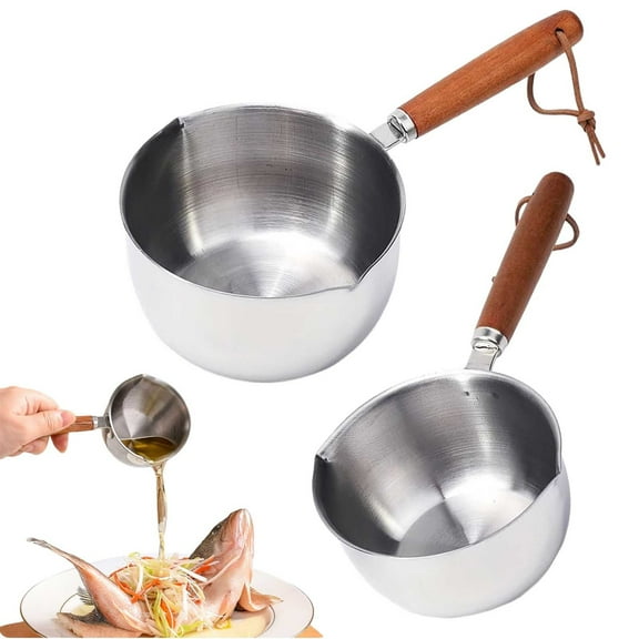 Stainless Steel Hot Oil Pot with Wooden Handle, Kitchen Oil Container and Strainer for Cooking