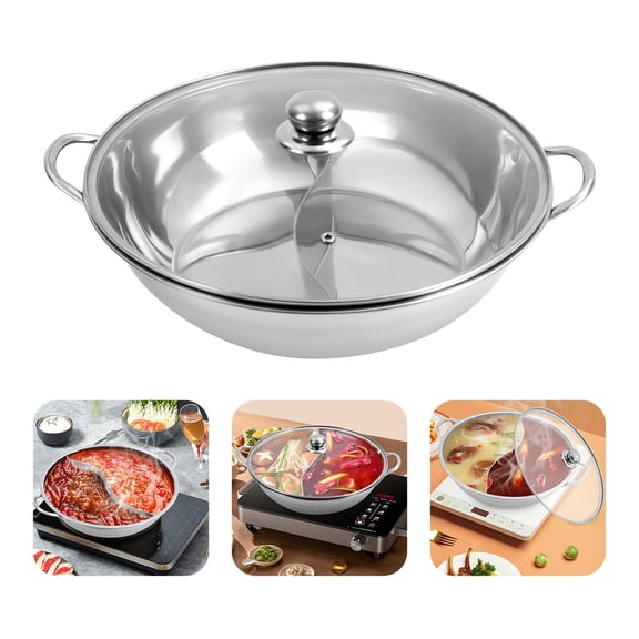 Stainless Steel Hot Pot W/ Divider Round Shabu Pot & Glass Lid