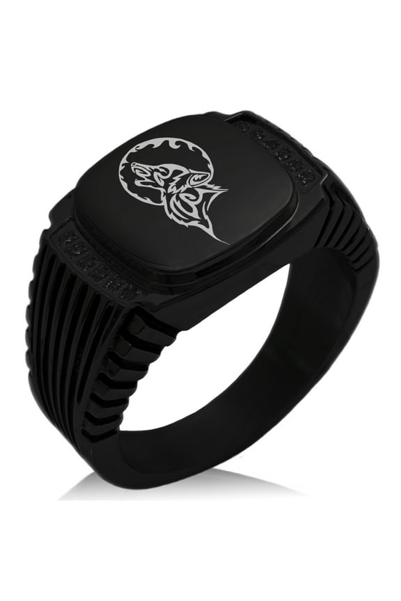 Stainless Steel Howling Mad Wolf CZ Ribbed Needle Stripe Pattern Biker Style Polished Ring