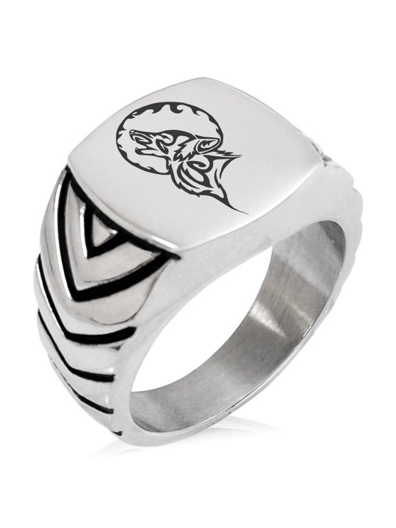 Stainless Steel Howling Mad Wolf Chevron Pattern Biker Style Polished Ring