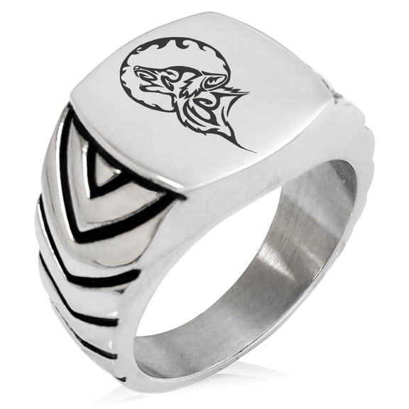 Stainless Steel Howling Mad Wolf Chevron Pattern Biker Style Polished Ring