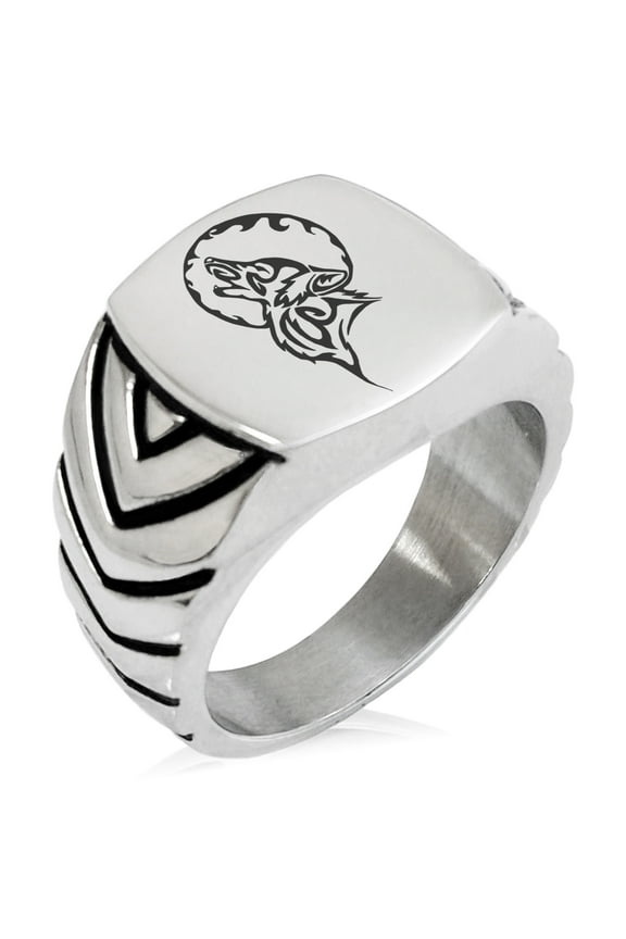 Stainless Steel Howling Mad Wolf Chevron Pattern Biker Style Polished Ring