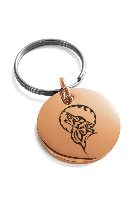 Stainless Steel Howling Mad Wolf Engraved Small Medallion Circle Charm Keychain Keyring