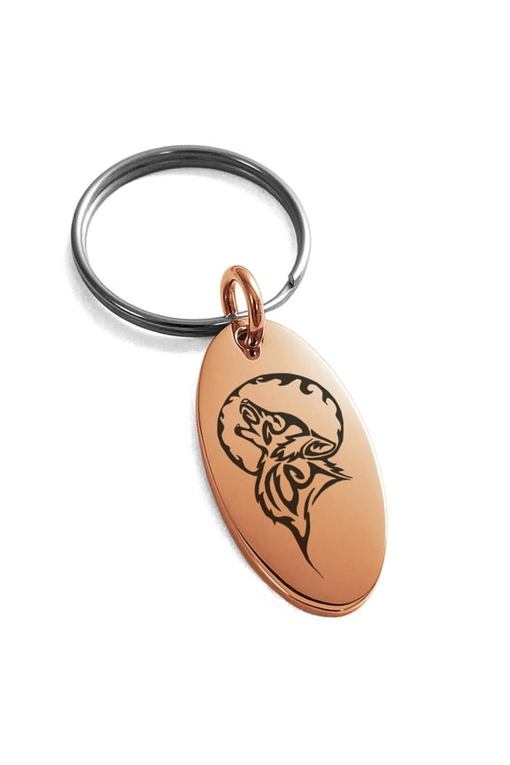 Stainless Steel Howling Mad Wolf Engraved Small Oval Charm Keychain Keyring