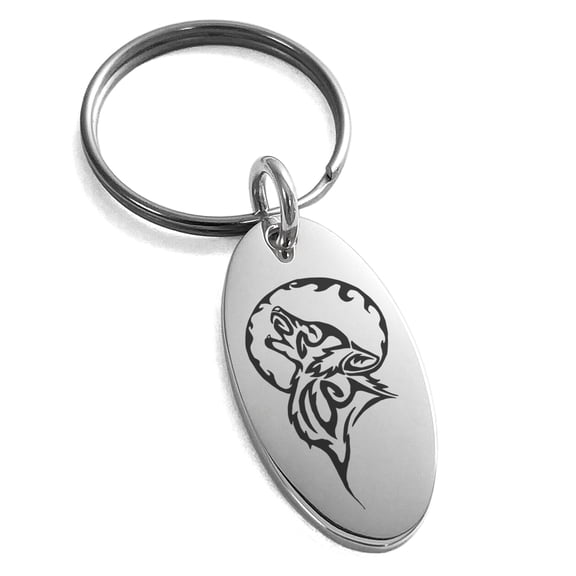 Stainless Steel Howling Mad Wolf Engraved Small Oval Charm Keychain Keyring
