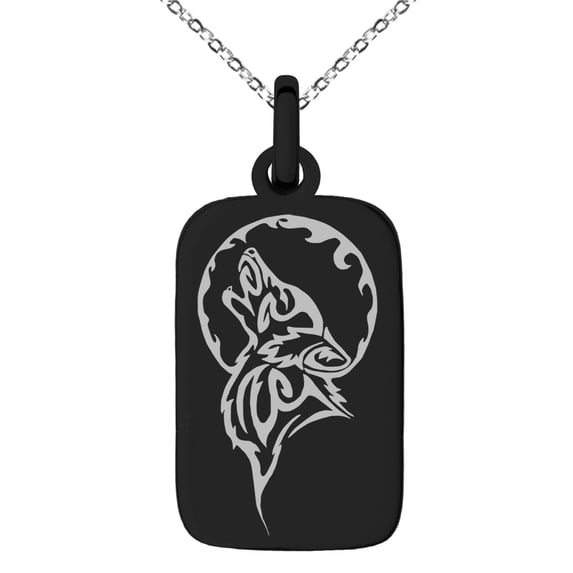 Tioneer Stainless Steel Howling Mad Wolf Engraved Small Rectangle Dog Tag Charm Pendant Necklace