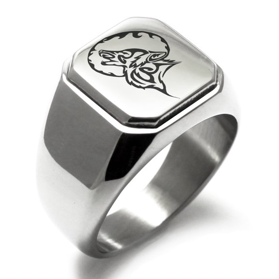 Tioneer Stainless Steel Howling Mad Wolf Engraved Square Flat Top Biker Style Polished Ring