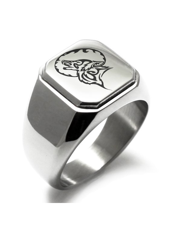 Stainless Steel Howling Mad Wolf Engraved Square Flat Top Biker Style Polished Ring