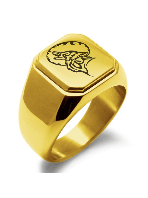Stainless Steel Howling Mad Wolf Engraved Square Flat Top Biker Style Polished Ring