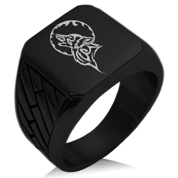 Tioneer Stainless Steel Howling Mad Wolf Geometric Pattern Biker Style Polished Ring