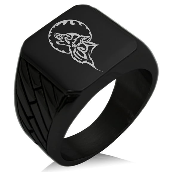 Tioneer Stainless Steel Howling Mad Wolf Geometric Pattern Biker Style Polished Ring