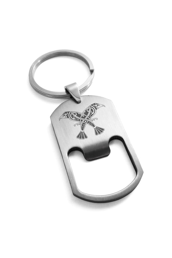 Stainless Steel Huginn & Muninn Odin's Twin Ravens Engraved Bottle Opener Dog Tag Keychain Keyring