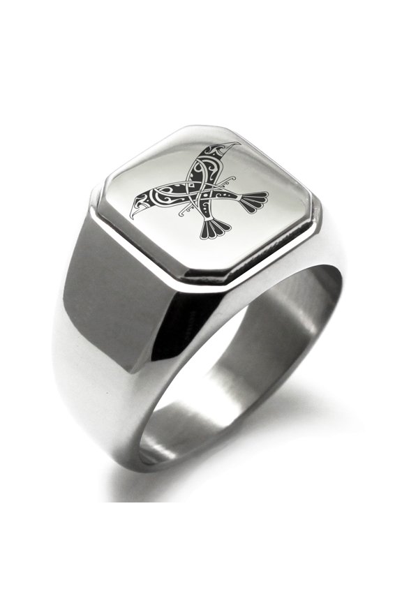 Stainless Steel Huginn & Muninn Odin's Twin Ravens Engraved Square Flat Top Biker Style Polished Signet Ring