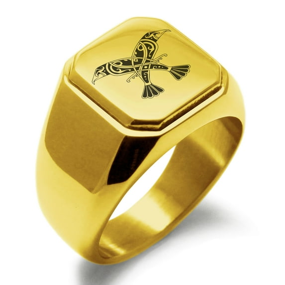 Tioneer Stainless Steel Huginn & Muninn Odin's Twin Ravens Engraved Square Flat Top Biker Style Polished Signet Ring