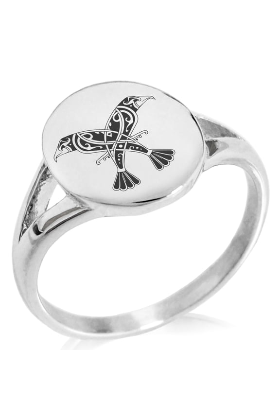 Stainless Steel Huginn & Muninn Odin's Twin Ravens Minimalist Oval Top Polished Statement Signet Ring