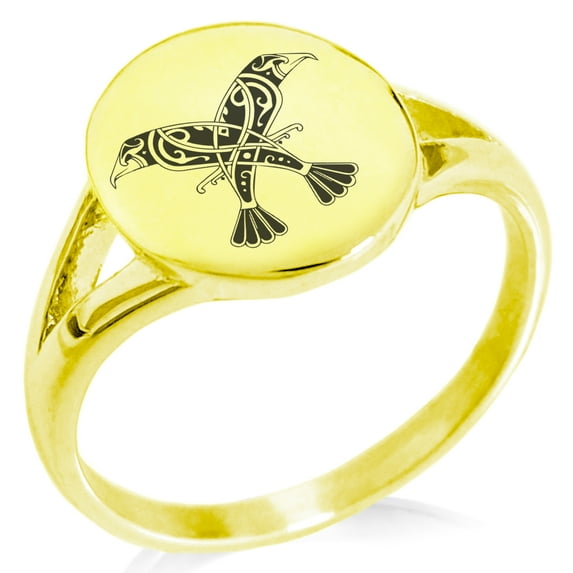 Stainless Steel Huginn & Muninn Odin's Twin Ravens Minimalist Oval Top Polished Statement Signet Ring