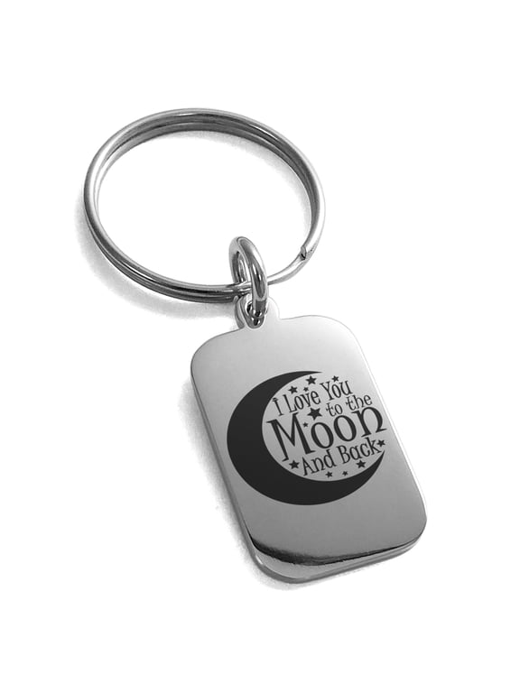 Stainless Steel I Love You to the Moon and Back Engraved Rectangle Dog Tag Adult Charm Keychain