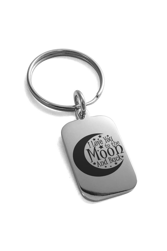 Stainless Steel I Love You to the Moon and Back Engraved Rectangle Dog Tag Adult Charm Keychain