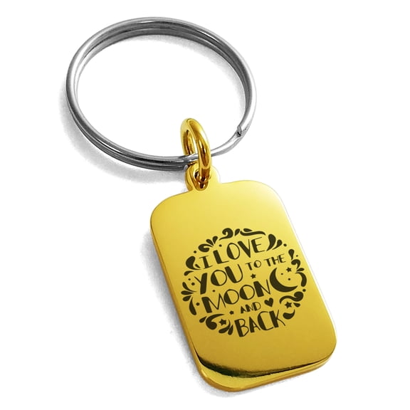 Stainless Steel I Love You to the Moon and Back Engraved Small Rectangle Dog Tag Charm Keychain Keyring