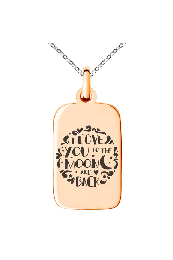 Stainless Steel I Love You to the Moon and Back Engraved Small Rectangle Dog Tag Charm Pendant Necklace