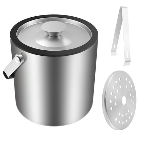 Stainless Steel Ice Bucket 2L Large Capacity Double Wall Insulated Ice Cube Bucket Container with Clip Strainer Lid and Handle for Party