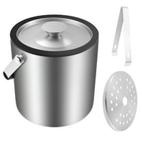 Stainless Steel Ice Bucket 2L Large Capacity Double Wall Insulated Ice Cube Bucket Container with Clip Strainer Lid and Handle for Party