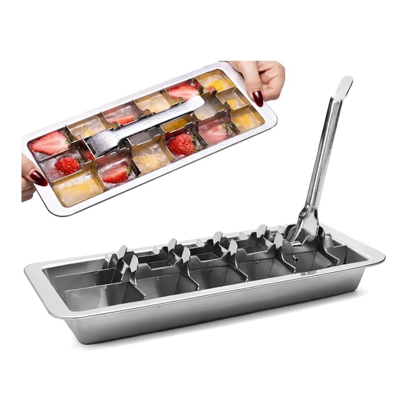 Stainless Steel Ice Cube Tray, Metal Freezer Tray with Release Lever Handle, Vintage Inspired Design for Making Large Cubes, Kitchen & Bar - 1 Pcs