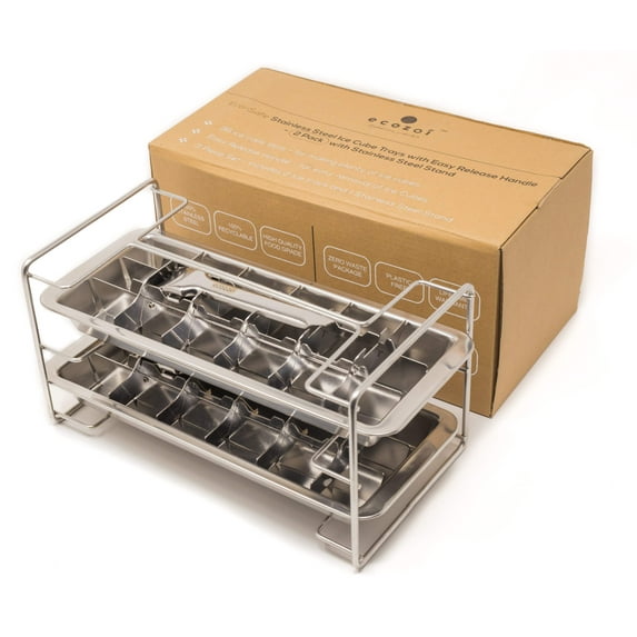 Stainless Steel Ice Cube Trays with Easy Release Handle, 2 Pack with Rack