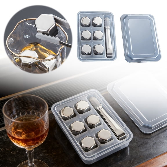 Stainless Steel Ice Cubes 6Pcs, Reusable Whisky Ice Stone Beverage Chilling Rocks, Chilling Rocks High Cooling, Hexagon Metal Ice Cube with Tray and Tongs for Liqueurs Water