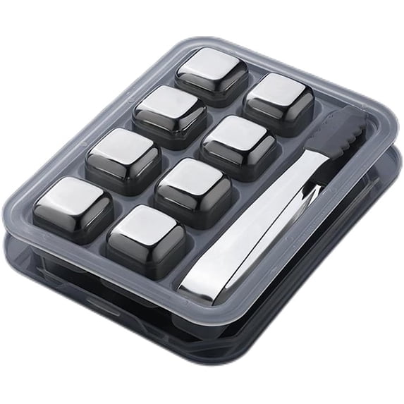 Stainless Steel Ice Cubes with Ice Tong Cooling Whiskey Rocks Reusable Ice Cubes Metal Chilling Rocks for Drinks Whiskey Vodka Liqueurs Wine (8 Pcs)