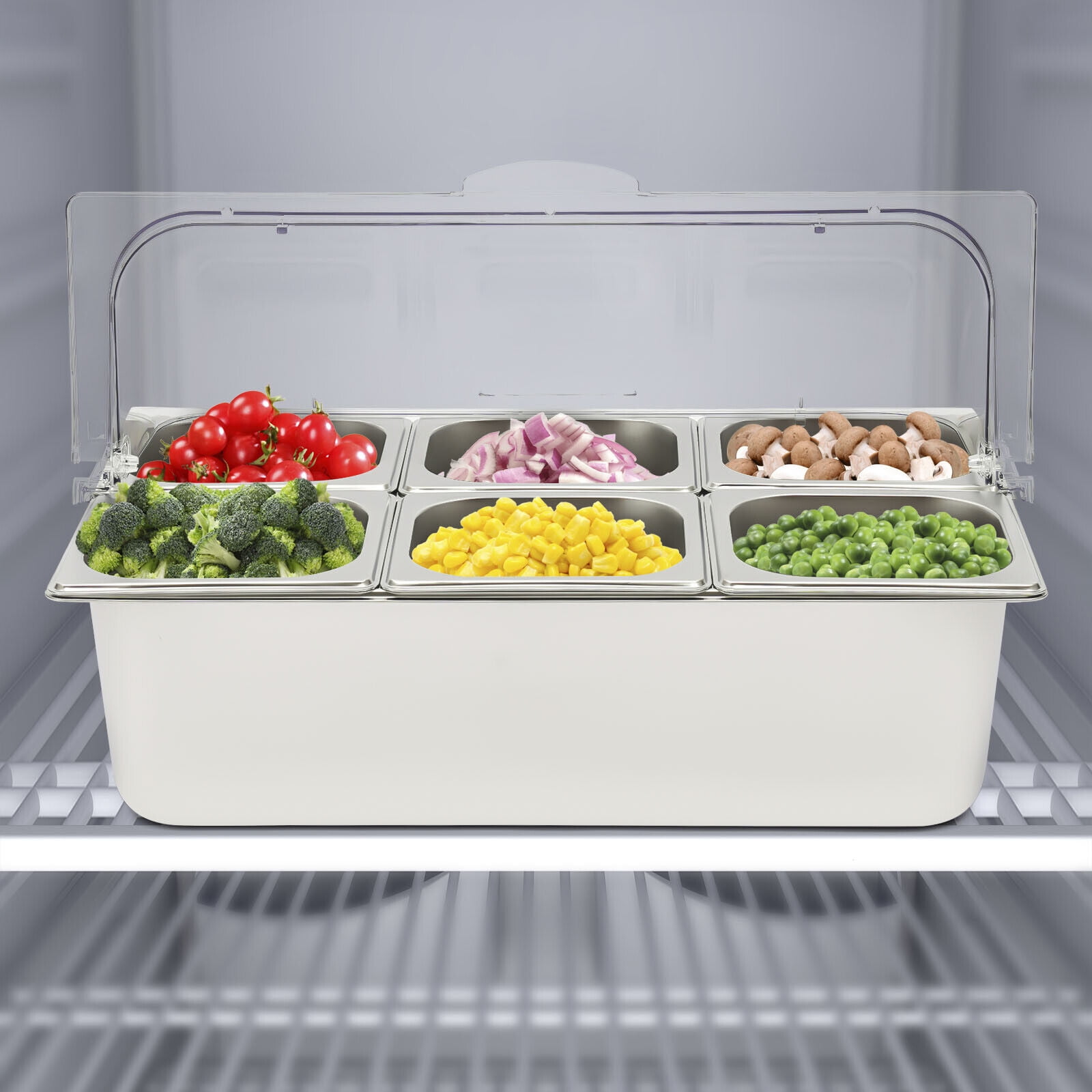 Stainless Steel Ice Food Serving Display Tray with 6 Pans Hot \u0026 Cold Buffet Chiller Server, PC Roll Cover, Dual-Sided Access, 3.59qt Each Pan, for Catering \u0026 Party Use