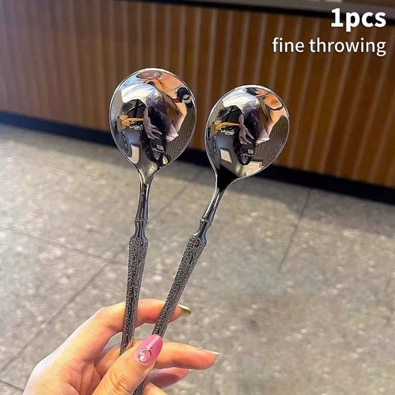 Stainless Steel Ice Patterned Long Handled Korean Style Round Headed Spoon Western Style Spoon Dessert Spoon Rice Scoop