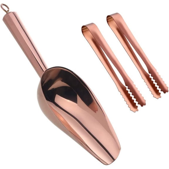 ABPETE Stainless Steel Ice Scoop and Tongs Set - 6 Inches Serving Tongs With Teeth for Large Cubes, Round Bottom Bar Utility Scoop, Freezer, Bucket - Set of 3 (Rose Gold Copper)