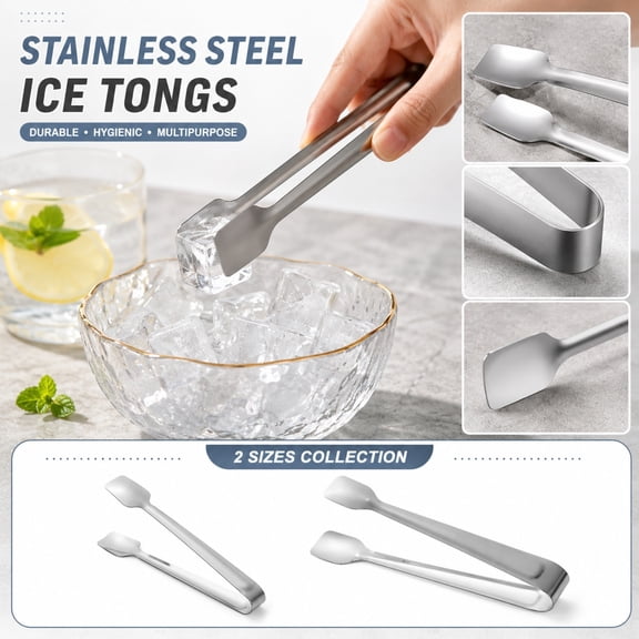 Stainless Steel Ice Tongs, Flat Square Head Food Serving Tongs for Sugar Cube, Metal Cocktail Bar Tool Miniature Appetizer Tongs for Tea Party BBQ Grill Buffet, 2 Sizes Collection