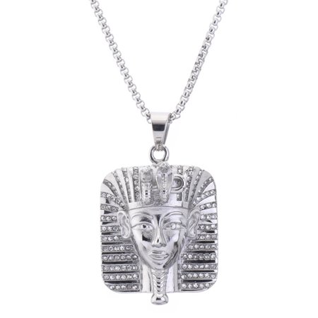 Stainless Steel Iced Bling CZ Egyptian Pharaoh Pendant w/ 24 inch Box Chain Necklace SCP 3452 S