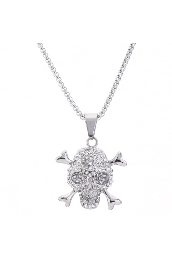 Stainless Steel Iced CZ Skull Pendant, 24 inch Box Chain Necklace SCP 5013 S