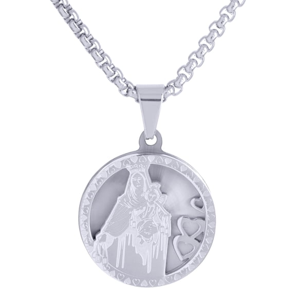 Stainless Steel Medallion Virgin Mary Guadalupe Pendant, 24" Box Chain Necklace SCP 163 S