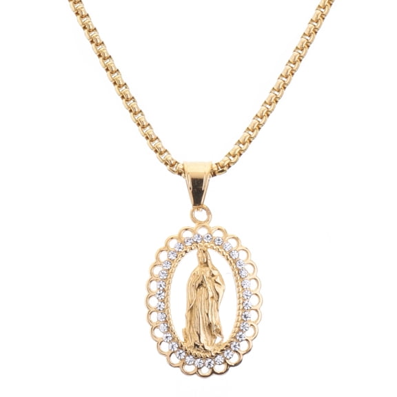 Stainless Steel Iced CZ Virgin Mary Guadalupe Pendant, 24 inch Box Chain Necklace SCP 5008 G