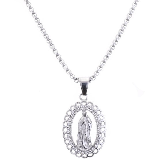 Stainless Steel Iced CZ Virgin Mary Guadalupe Pendant, 24 inch Box Chain Necklace SCP 5008 S