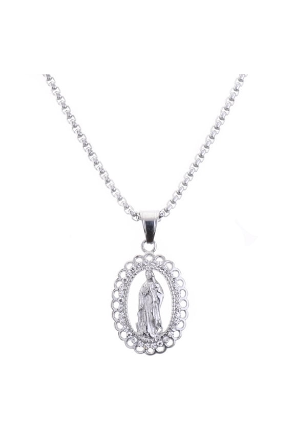 Stainless Steel Iced CZ Virgin Mary Guadalupe Pendant, 24 inch Box Chain Necklace SCP 5008 S