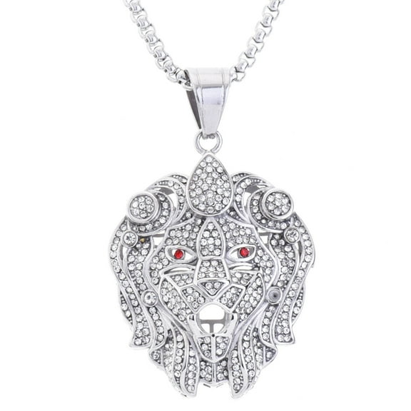 Stainless Steel Iced Lion Head Pendant with Box Chain 20" SCP 4383 S