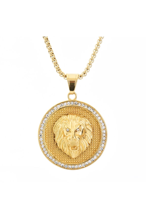Stainless Steel Iced Lion Head Pendant with Box Chain 20" SCP 7046 G