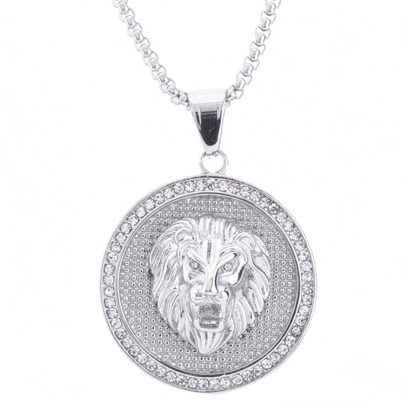 Stainless Steel Iced Lion Head Pendant with Box Chain 20" SCP 7046 S
