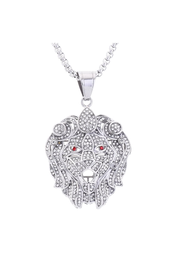 Stainless Steel Iced Lion Head Pendant with Box Chain 24" SCP 4383 S